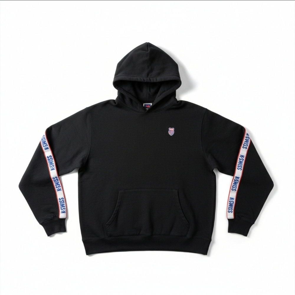 K-Swiss Logo Tape Hoodie Sweatshirt - Men's XL - Black Streetwear Pullover